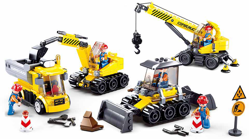 4 véhicules de chantier + accessoires (briques Lego) - SLUBAN M38-B0810 -  Travaux publics / camions Pelleteuses - UniversMini